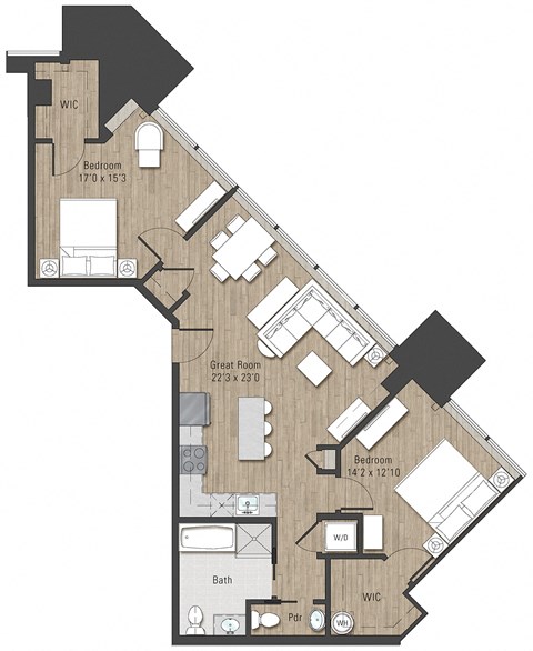 Floor plan for 2 beds, 1.5 baths, 1090 sqft